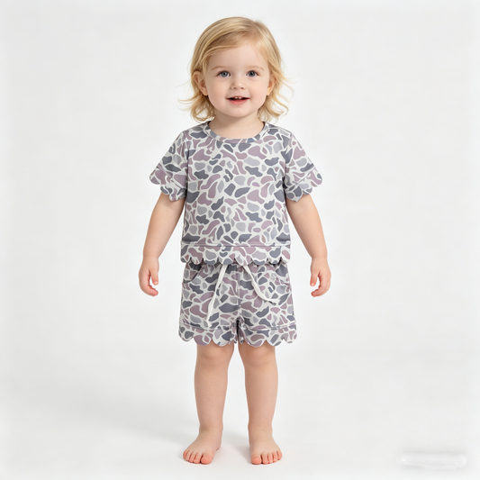 Baby Girls Southern Light Grey Camo Top Pockets Shorts Scallop Clothes Sets