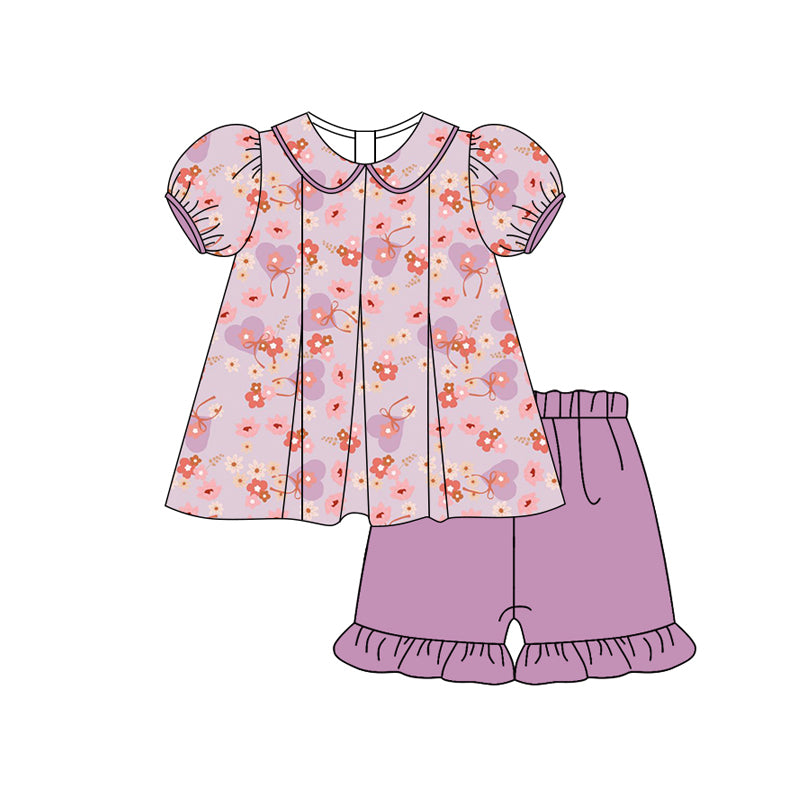 Preorder (moq 5)Baby Girls Lavender Short Ruffle Sleeves Heart Flowers Tunic Short Set