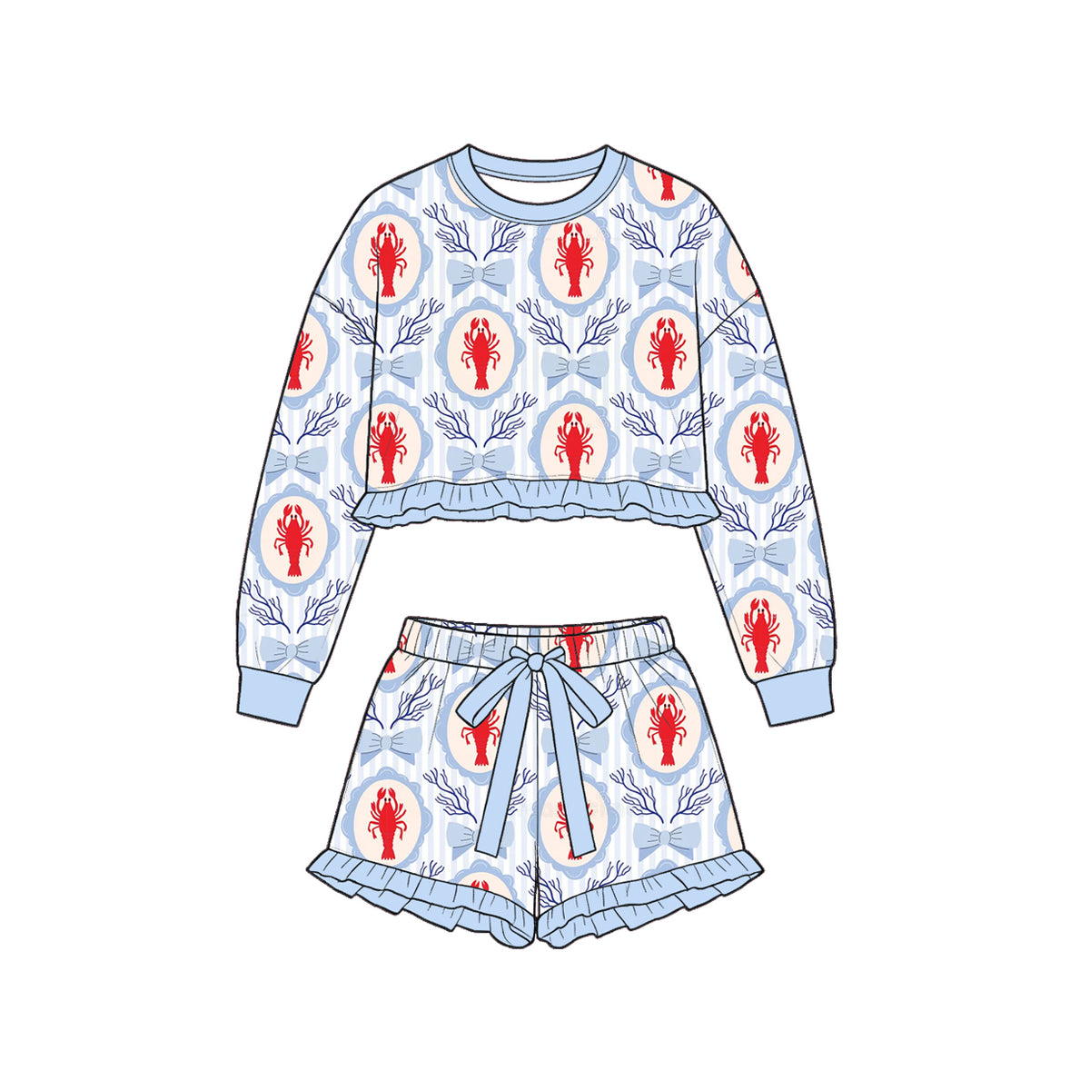 Preorder (moq 5) Baby Girl Clothes Crawfish Bow Coral Frame Print Long Sleeve Crop Top Ruffle Short Set