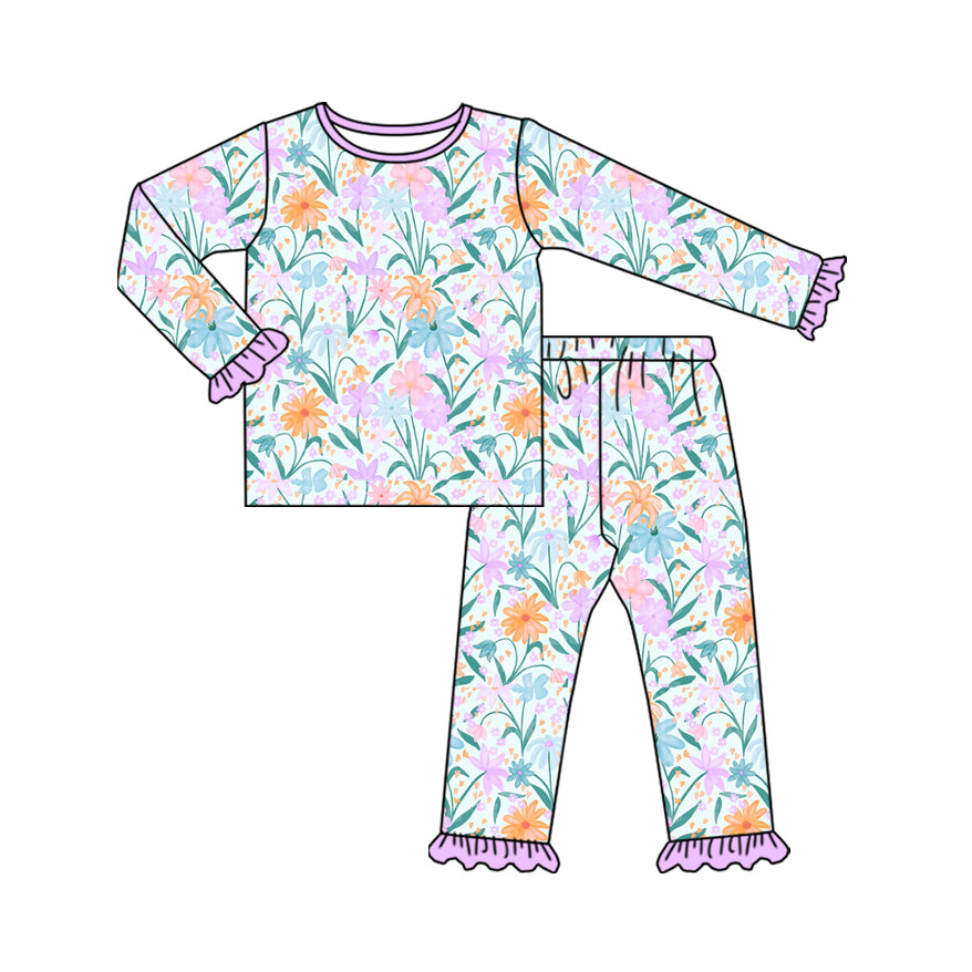 Preorder (moq 20)Baby Girls Bamboo Colorful Floral Ruffle Pants Pajamas Sets