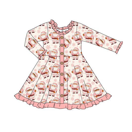 Preorder (moq 5)Baby Girls Peach Long Sleeves Santa Snowflake Button Ruffle Knee Length Dresses