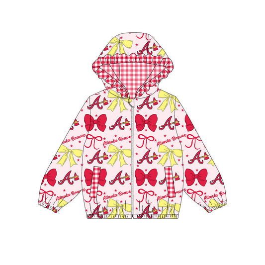 Preorder(moq 8)Baby Girls Red Yellow Bows A Pocket Zipper Team Ruffle Hoodies Jackets