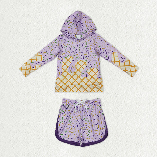 Baby Girls Long Sleeve Lavender Sprinkles Drip Hoodies Shorts Team Clothes Sets