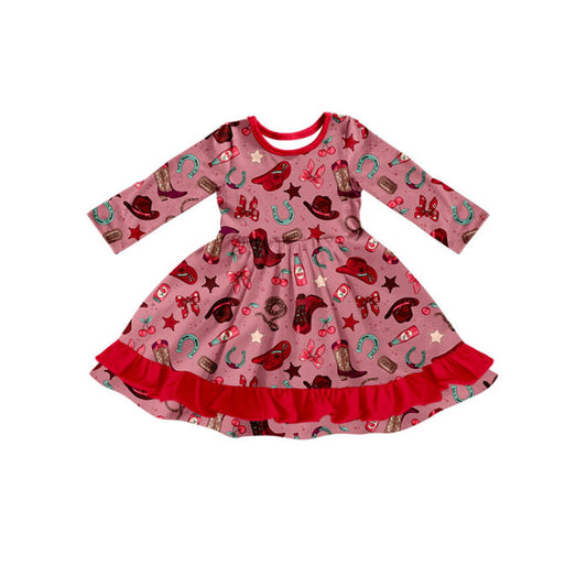 Preorder(moq 5) Baby Girls Red Stars Boots Hats Western Ruffle Knee Length Dresses