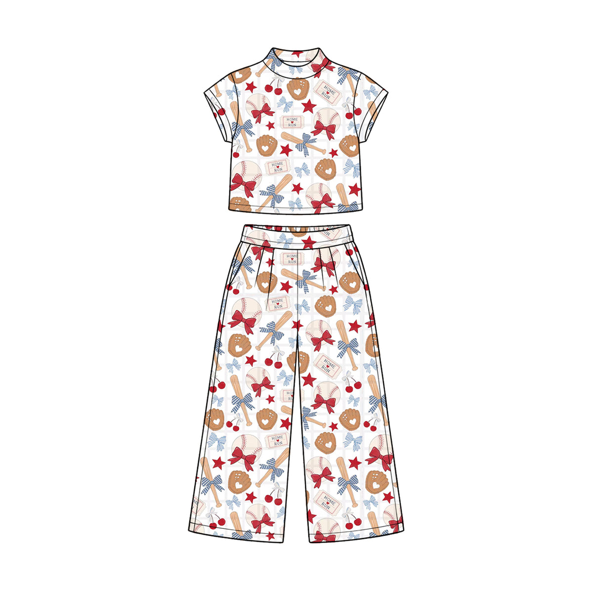 Preorder (moq 5) Baby Girl Clothes Vintage Baseball Bow Heart Mixed Print Short Sleeve Crop Top Wide Leg Pant Set