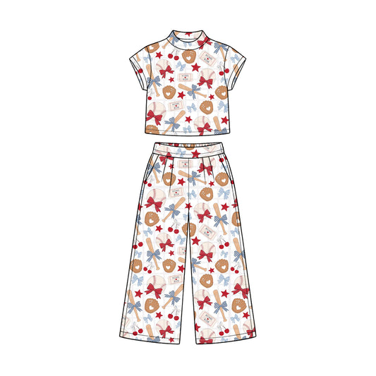 Preorder (moq 5) Baby Girl Clothes Vintage Baseball Bow Heart Mixed Print Short Sleeve Crop Top Wide Leg Pant Set