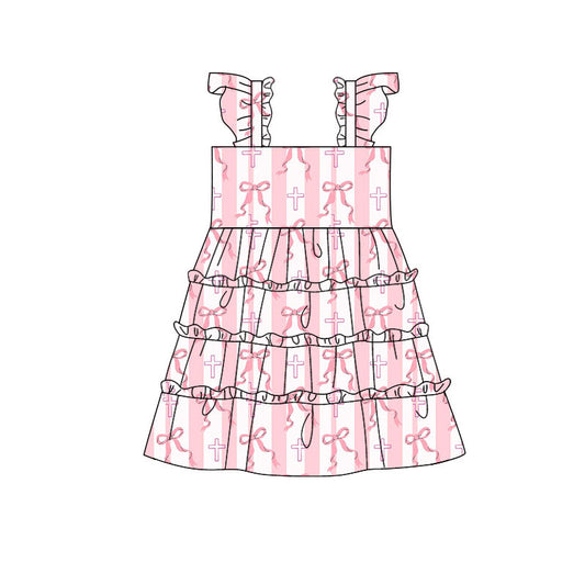 Preorder(moq 5) Baby Girls Pink Bows Crosses Easter Patchwork Knee Length Dresses