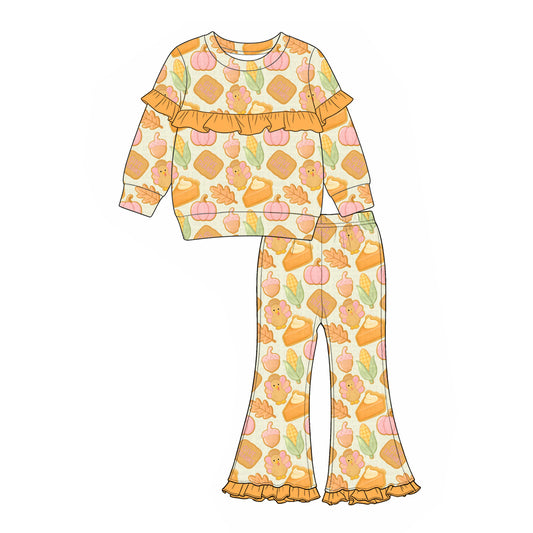 Preorder (moq 5)Baby Girls Turkey Pumpkins Top Flare Pant Thanksgiving Clothes Set