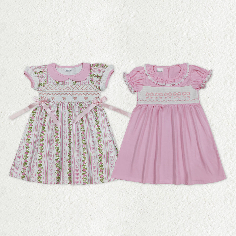 Sibling Baby Girls Pink Smocked Embroidery Bows Flowers Ruffle Sleeve Collar Knee Length Dresses