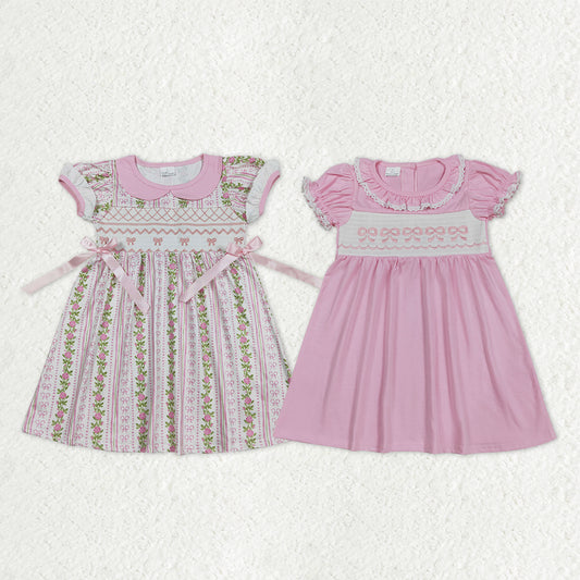 Sibling Baby Girls Pink Smocked Embroidery Bows Flowers Ruffle Sleeve Collar Knee Length Dresses