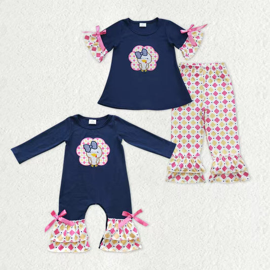 Sibling Baby Girls Embroidery Turkey Tunic Checked Pants Thanksgiving Clothes Sets Rompers