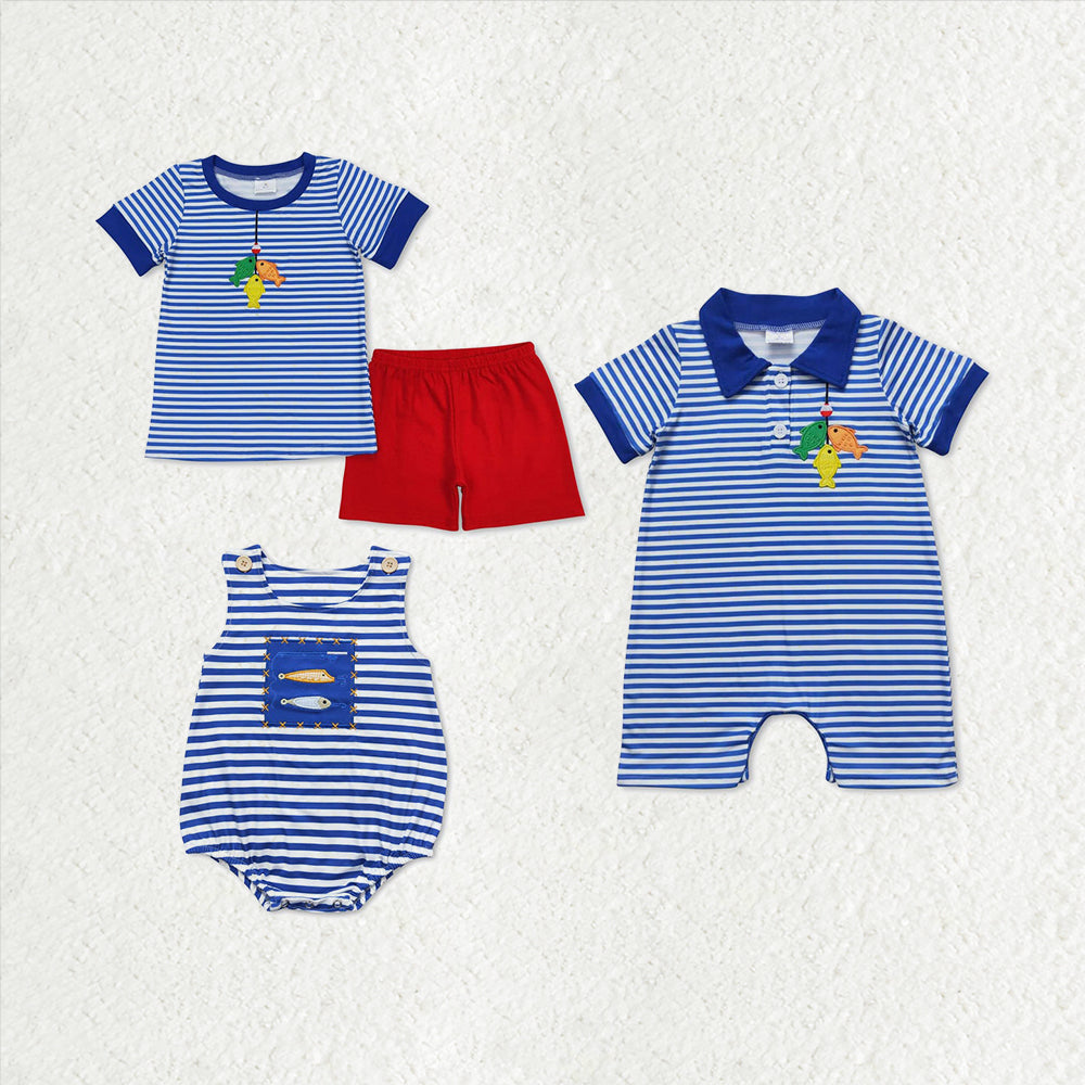 Sibling Brother Baby Boys Embroidery Fishing Blue Stripes Summer Clothes Sets Rompers