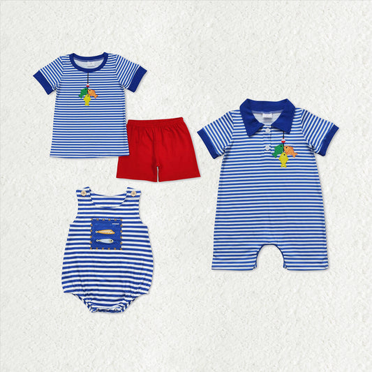 Sibling Brother Baby Boys Embroidery Fishing Blue Stripes Summer Clothes Sets Rompers