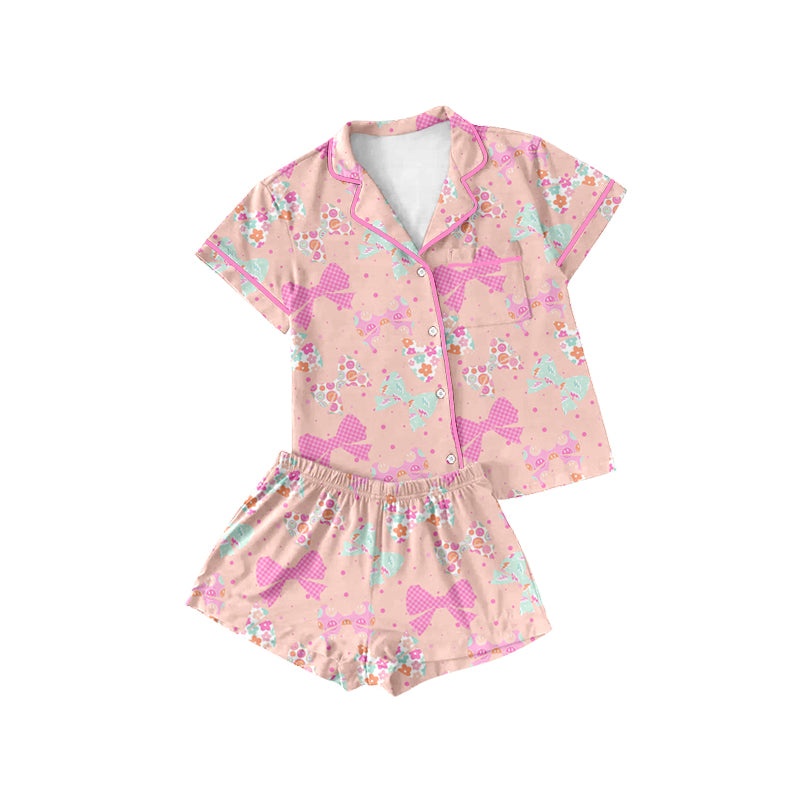 Preorder (moq 5)Baby Girls Colorful Flower Bows Button Pocket Top Shorts Pajamas Sets