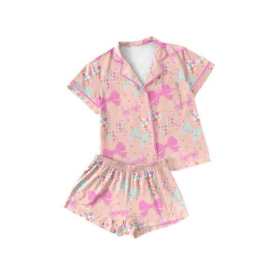 Preorder (moq 5)Baby Girls Colorful Flower Bows Button Pocket Top Shorts Pajamas Sets