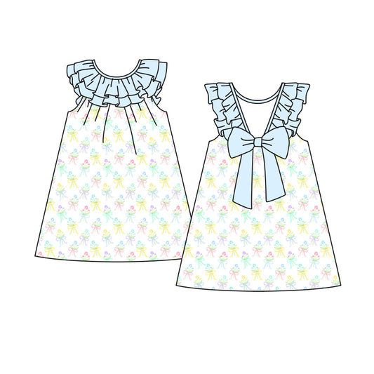Preorder (moq 5)Baby Girls Blue Sleeveless Colorful Floral Backless Bow Knee Length Dress
