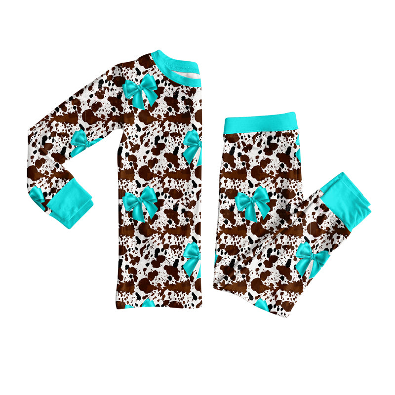 Preorder (moq 5)Baby Girls Cow Print Bows Top Pants Pajamas Set