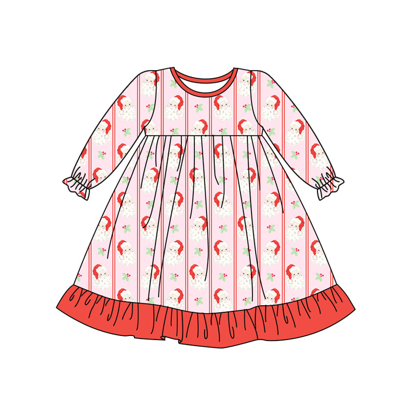 Preorder (moq 5)Baby Girls Long Ruffle Sleeves Santa Holly Stripe Knee Length Dresses