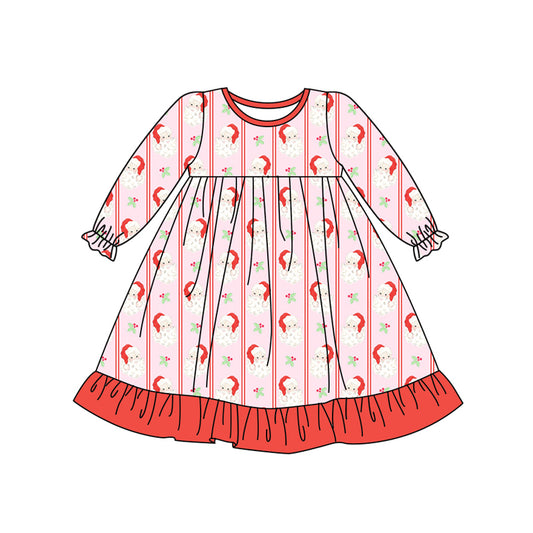 Preorder (moq 5)Baby Girls Long Ruffle Sleeves Santa Holly Stripe Knee Length Dresses