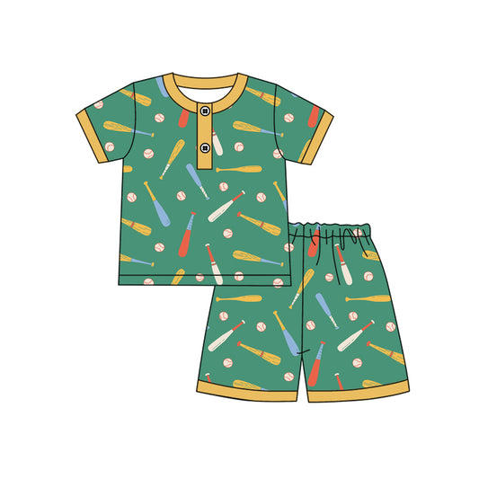 Preorder (moq 5)Baby Boys Short Sleeve Baseballs Button Top Shorts Team Pajamas Set