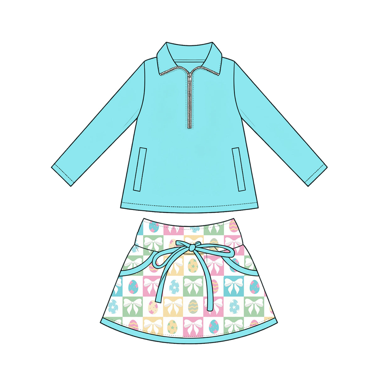 Preorder (moq 5) Baby Girl Clothes Easter Egg Bow Checkerboard Print Mint Long Sleeve Half Zip Top Bow Skirt Set