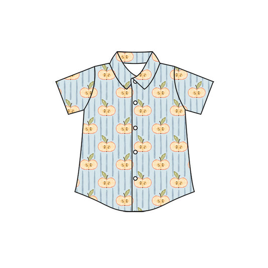 Preorder (moq 5)Baby Boys Short Sleeve Blue Stripe Apples Back to School Button Shirts Top