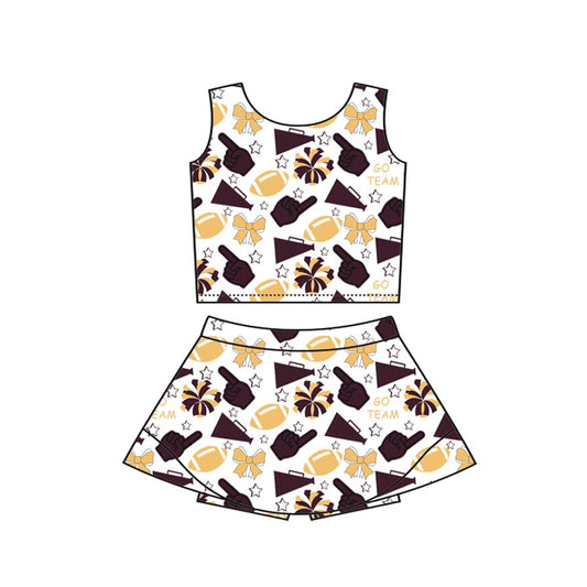Preorder(moq 8)Baby Girls Gold Dark Red Bows Footballs Vest Top Shirt Shorts Team Clothes Sets