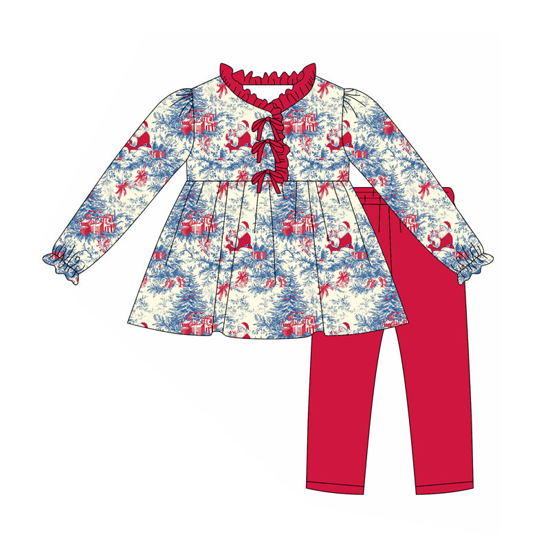 Preorder (moq 5)Baby Girls Long Ruffle Sleeves Santa Floral Tunic Legging Pants Set