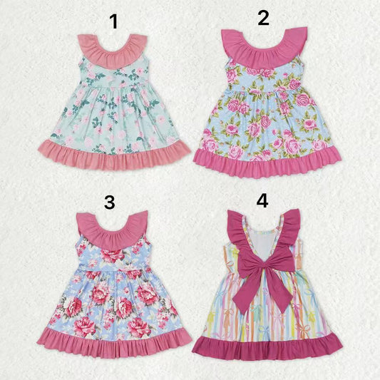 Sibling Baby Girls Flowers Plaid Sleeveless Ruffle Collar Back Bow Knee Length Dresses