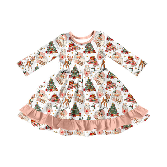 Preorder (moq 5)Baby Girls Long Sleeves Santa Deer Trees Plaid Ruffle Knee Length Dresses