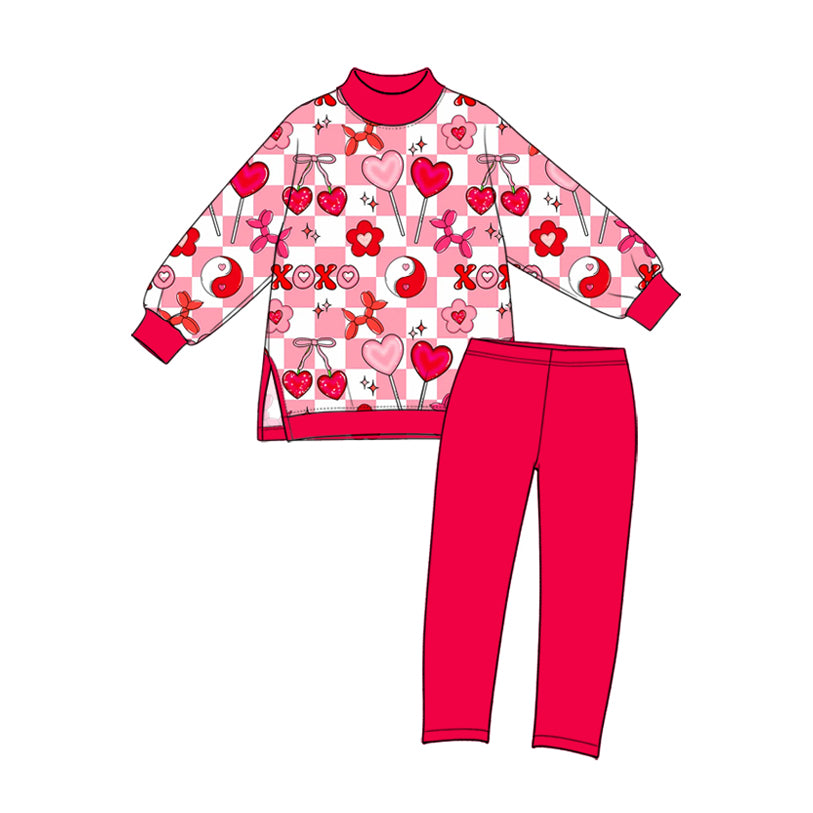 Preorder (moq 5) Baby Girl Clothes Valentine Heart Lollipop Strawberry Checkered Yin Yang Print Long Sleeve Top Pant Set