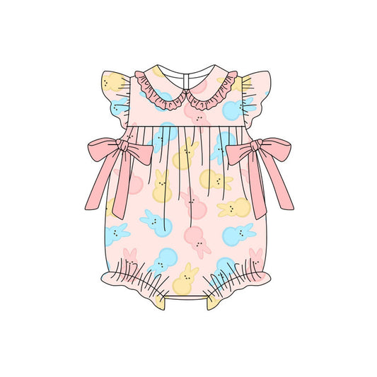 Preorder (moq 5)Baby Girls Flutter Sleeve Colorful Rabbits Bows Easter Ruffle Rompers