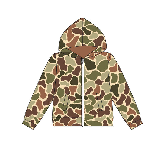 Preorder(moq 8)Baby Girls Green Khaki Camo Pocket Zipper Ruffle Hoodie Jackets