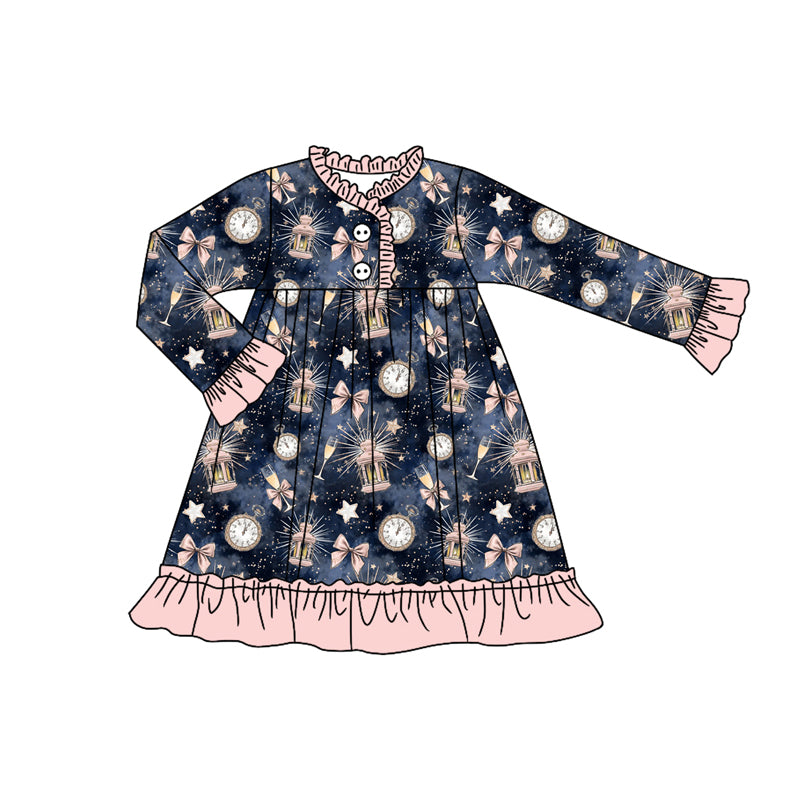 Preorder (moq 5)Baby Girls Long Sleeves Hot Blue Bows Stars Plaid Ruffle Button Knee Length Dress