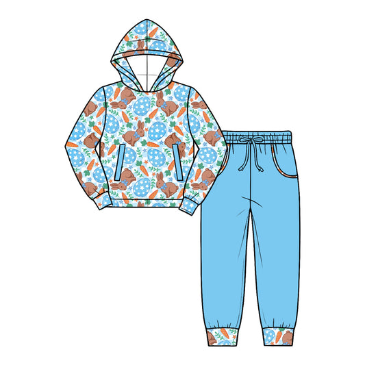 Preorder (moq 5) Baby Boy Clothes Easter Bunny Carrot Egg Mixed Print Long Sleeve Hoodie Jogger Pant Set