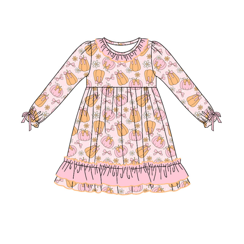 Preorder moq 5 Baby Girls Long Ruffle Sleeves Pink Bows Pumpkins Knee Length Dresses