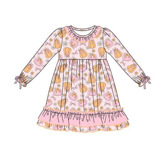 Preorder moq 5 Baby Girls Long Ruffle Sleeves Pink Bows Pumpkins Knee Length Dresses