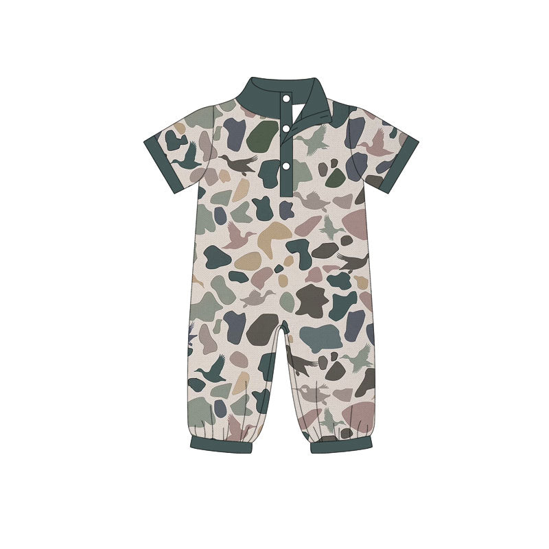 Preorder (moq 5)Baby Boys Camo Ducks Button Hunting Footie Rompers