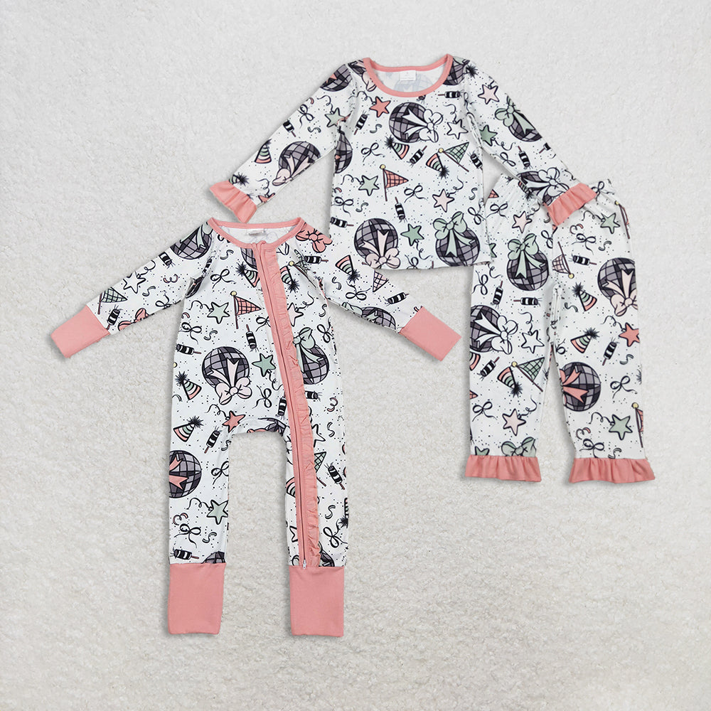 Sibling Baby Girls Happy New Year Ruffle Pants Pajamas Sets Two Way Zip Convertible Rompers