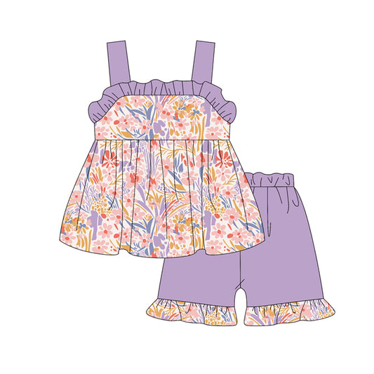 Preorder (moq 5)Baby Girls Purple Strap Watercolor Floral Tunic Ruffle Short Set Preorder