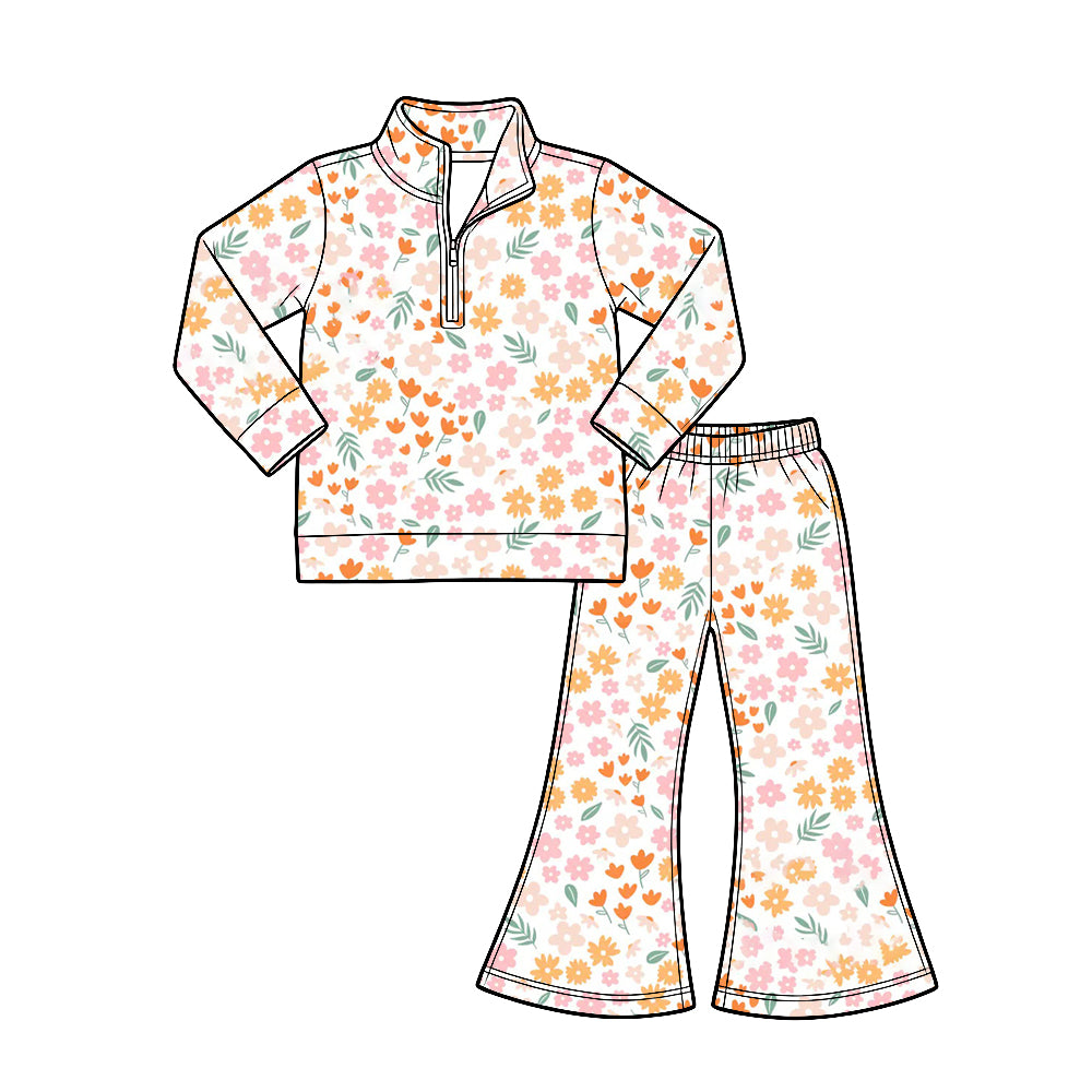 Preorder (moq 5) Baby Girl Clothes Soft Orange Pink Daisy Floral Print Half Zip Top Flare Pants Set