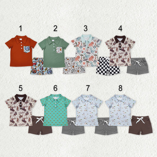 Sibling Baby Boys Ducks Fishing Print Button Polo Shirts Pockets Short Western Set