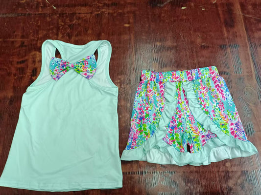 Preorder moq 5 Baby Girls Aqua Sleeveless Watercolor Floral Bow Vest Top Ruffle Shorts Set