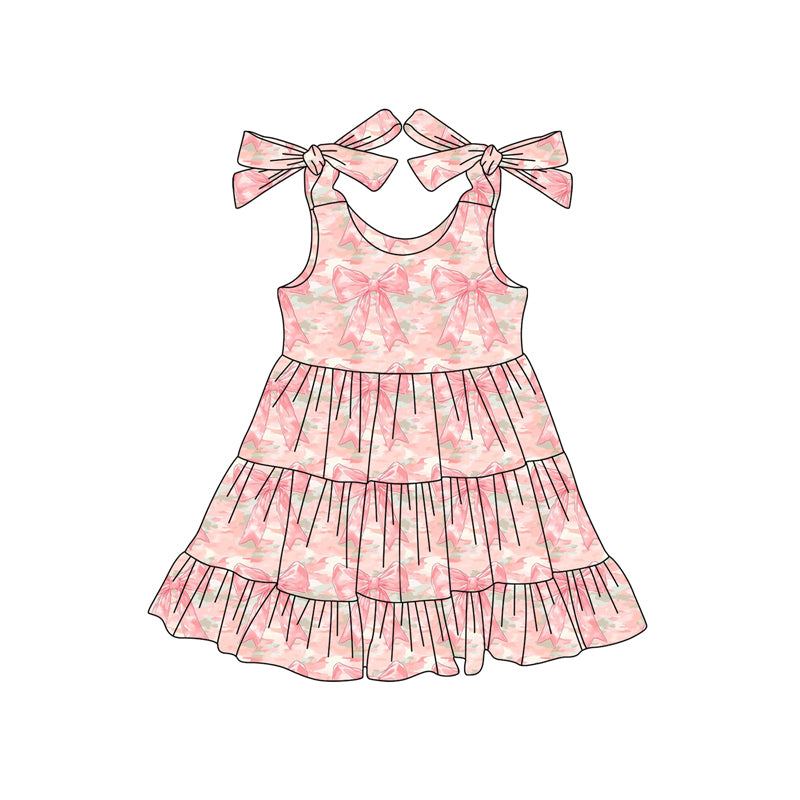 Preorder (moq 5)Baby Girls Bows Sleeveless Peach Camo Bows Ruffle Knee Length Dresses