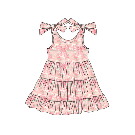 Preorder (moq 5)Baby Girls Bows Sleeveless Peach Camo Bows Ruffle Knee Length Dresses
