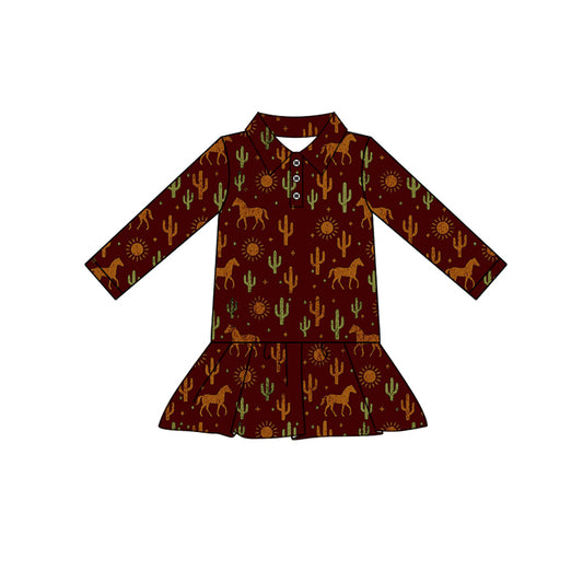 Preorder (moq 5)Baby Girls Long Sleeves Cactus Horses Plaid Button Ruffle Knee Length Dresses