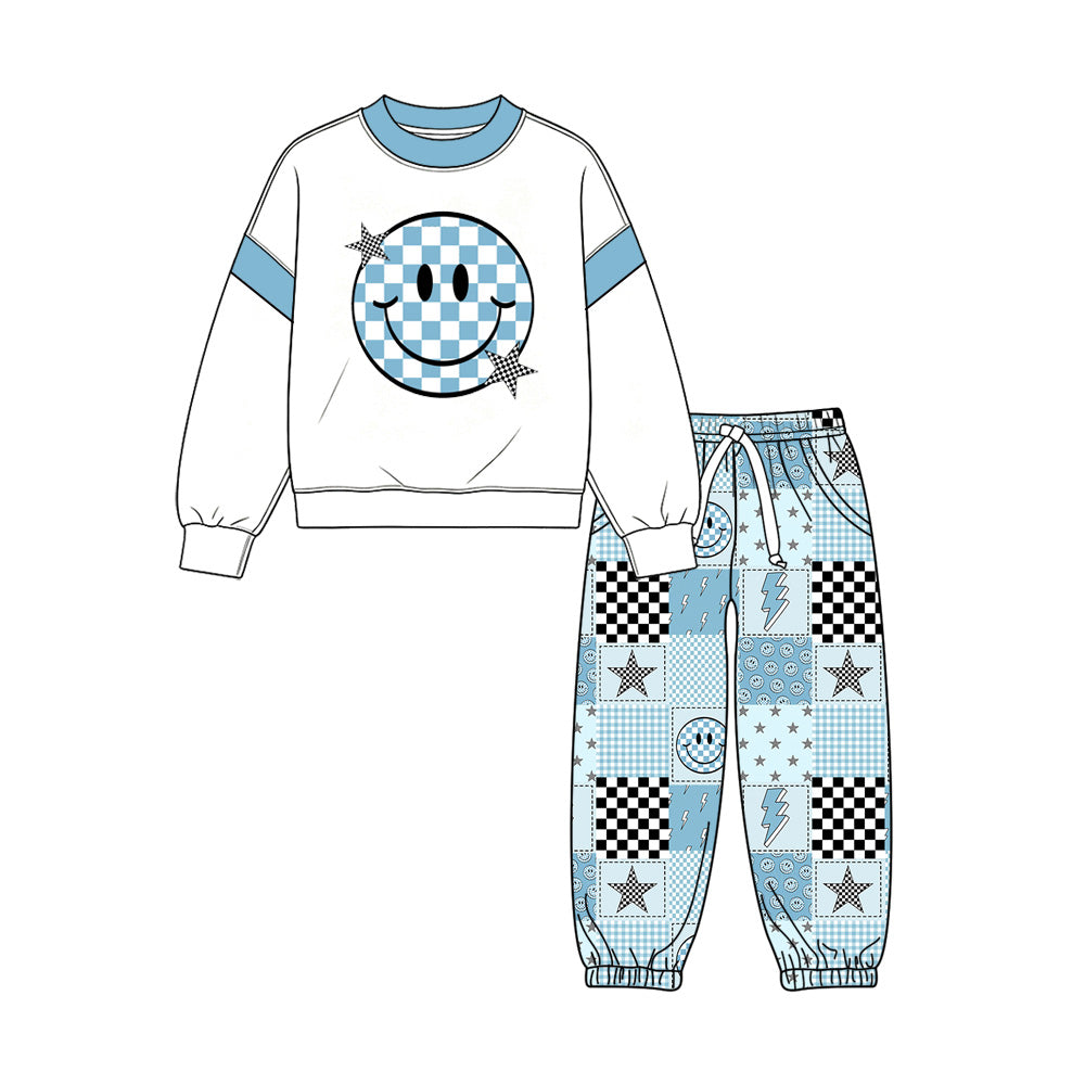 Preorder (moq 5) Baby Girl Clothes Checkerboard Smile Star Lightning Mixed Print Long Sleeve Sweatshirt Jogger Pant Set