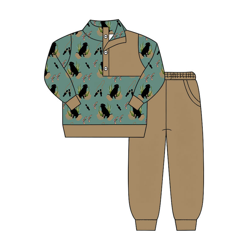 Preorder (moq 5)Baby Boys Dogs Ducks Button Top Pockets Joggers Hunting Clothes Sets