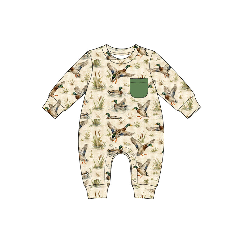 Preorder(moq5) Unisex Long Sleeve Romper Patchwork Deer Duck Hunting Print Breathable Soft Snap Crotch