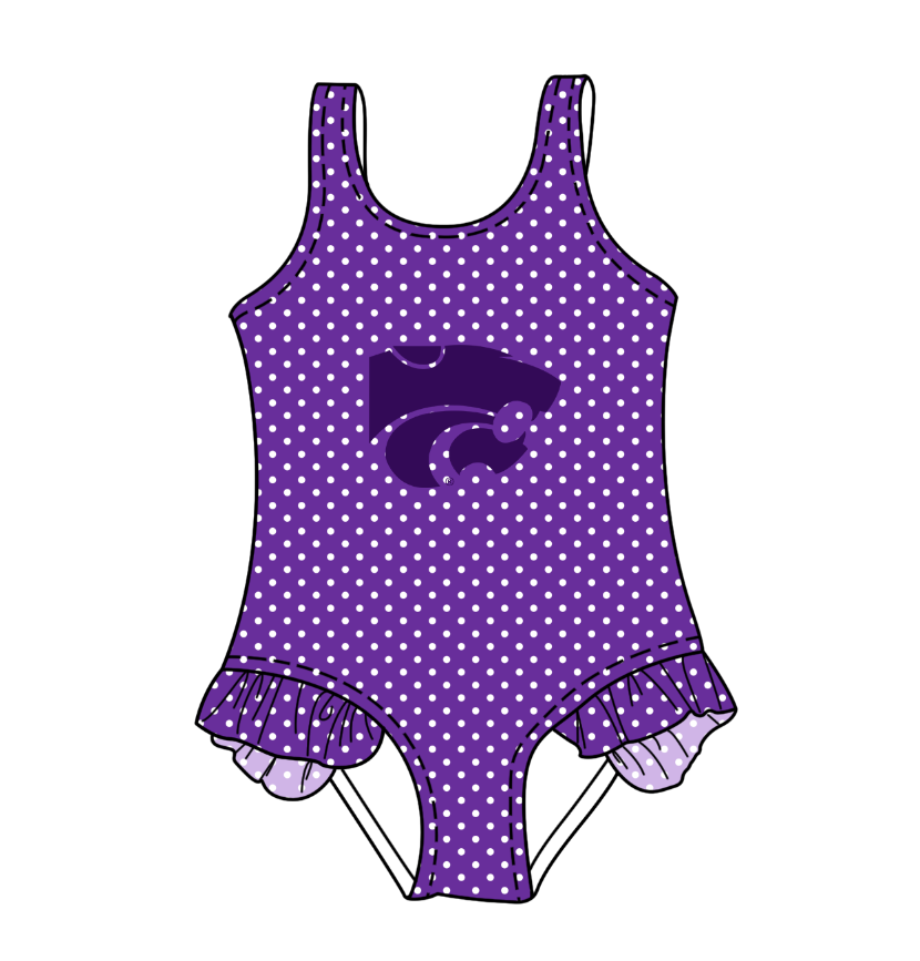 Preorder moq 5 Baby Girls Sleeveless Purple Polka Dots Leopard Team Swimsuits